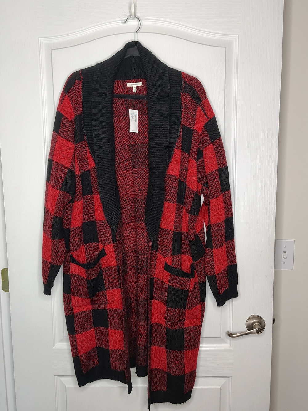 Maurices Red and Black Buffalo Plaid Open-Front Cardigan